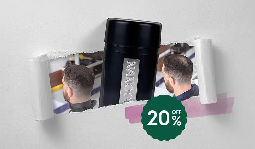 Black nanocell hair spray canister with silver text and logo.