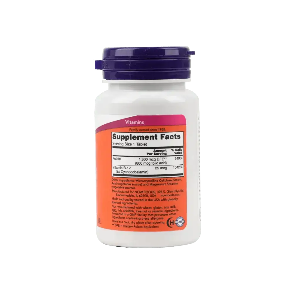 NOW FOODS - NOW FOLIC ACID 800MCG WITH B12 250 TAB - Pharmazone - 