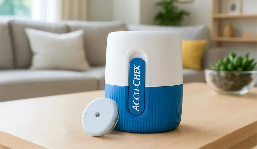 Accuchek blood glucose meter with blue and white design, compact size for easy use.