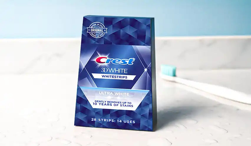 Crest 3d white whitestrips ultra white teeth whitening strips.