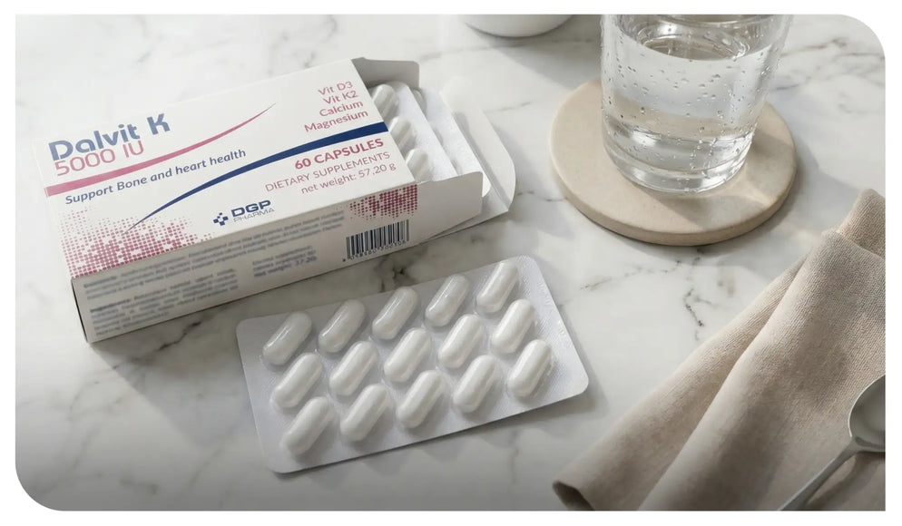 White oval-shaped capsules in a blister pack, alongside their branded box labeled ’dalvit k 5000 iu’ for bone and heart health support.