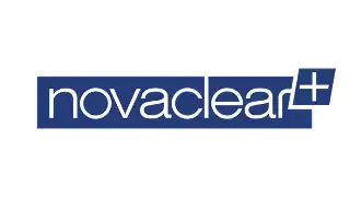 Blue novaclear+ logo with white text and plus sign on a white background.
