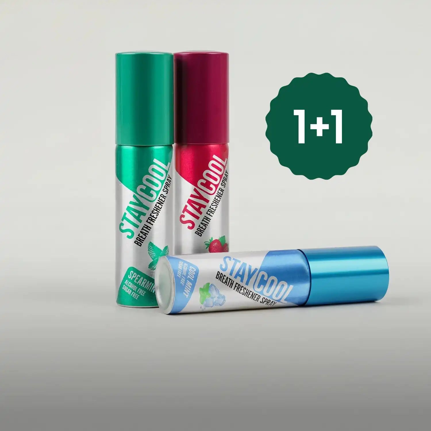 Staycool breath freshening spray in spearmint flavor, green and white packaging.