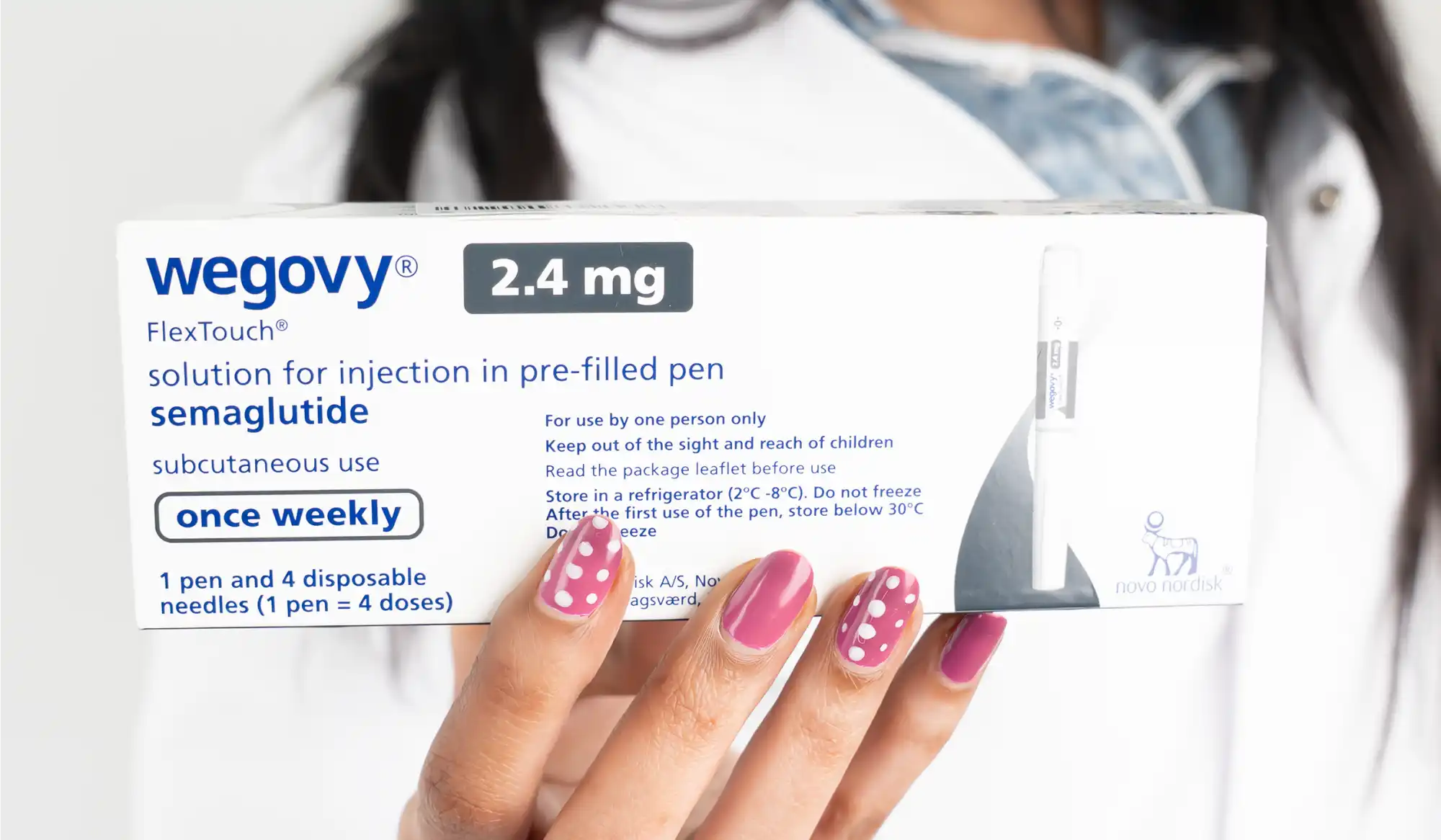 A box of Wegovy (semaglutide) 2.4 mg solution for injection in a pre-filled pen, for once-weekly subcutaneous use.