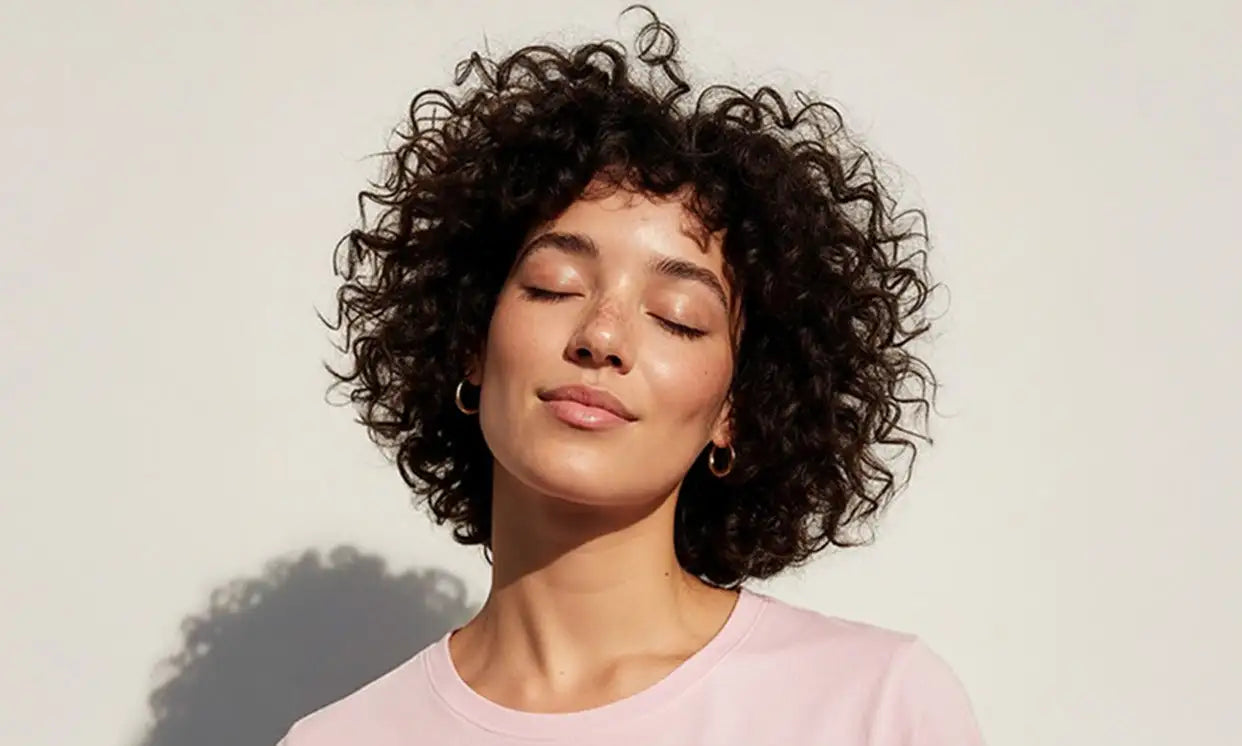 A woman with voluminous dark curly hair wearing a soft pink crew-neck top.