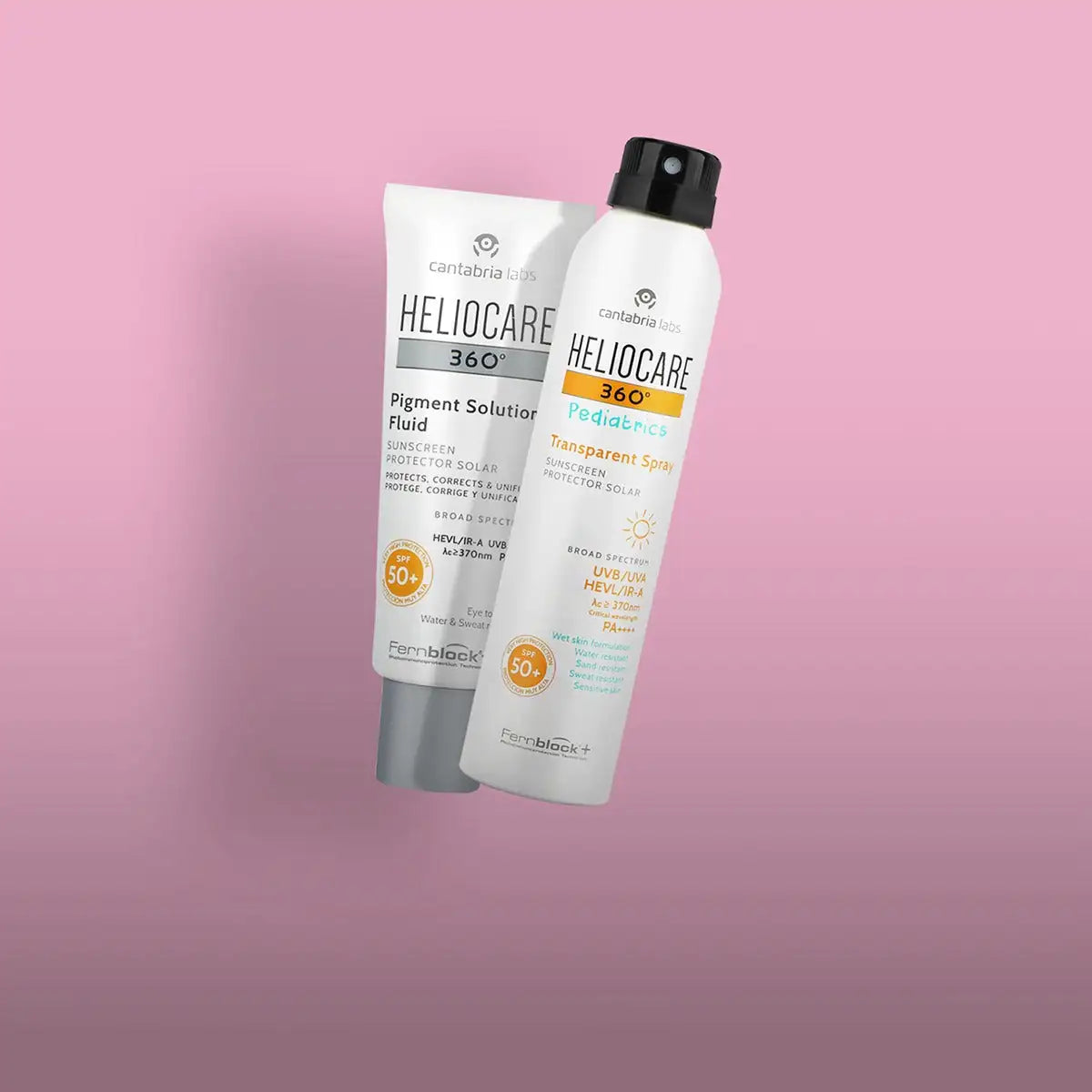 White heliocare 360° sunscreen products, one in a tube and the other as a spray bottle with black caps