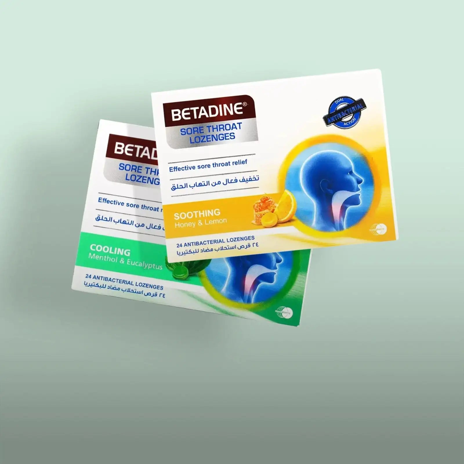 Betadine sore throat lozenges in honey and lemon flavor, packaged in a white box with yellow accents.