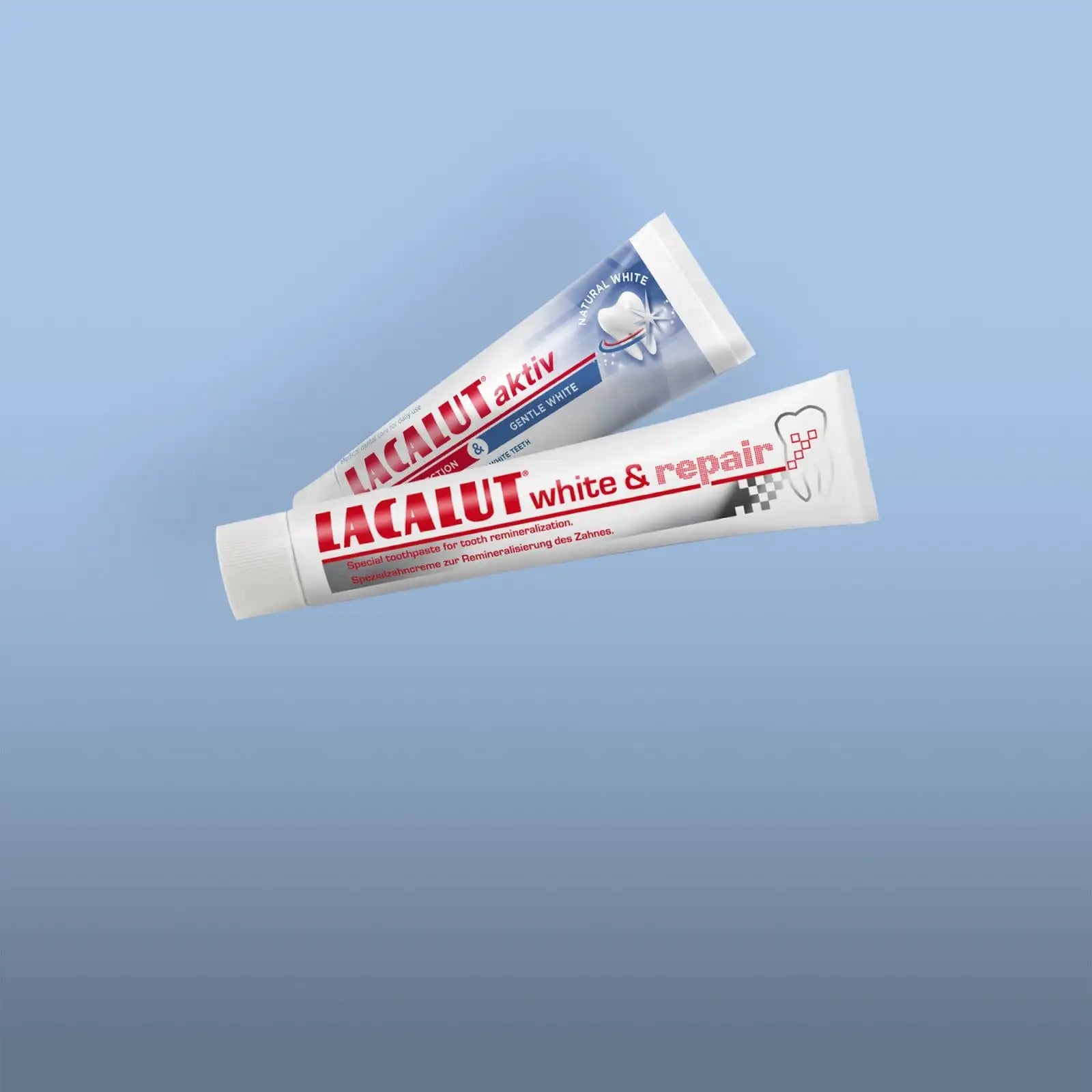 Two white tubes of lacalut toothpaste, one labeled ’white & repair’ and the other ’aktiv,’ featuring red branding and dental imagery on their labels.