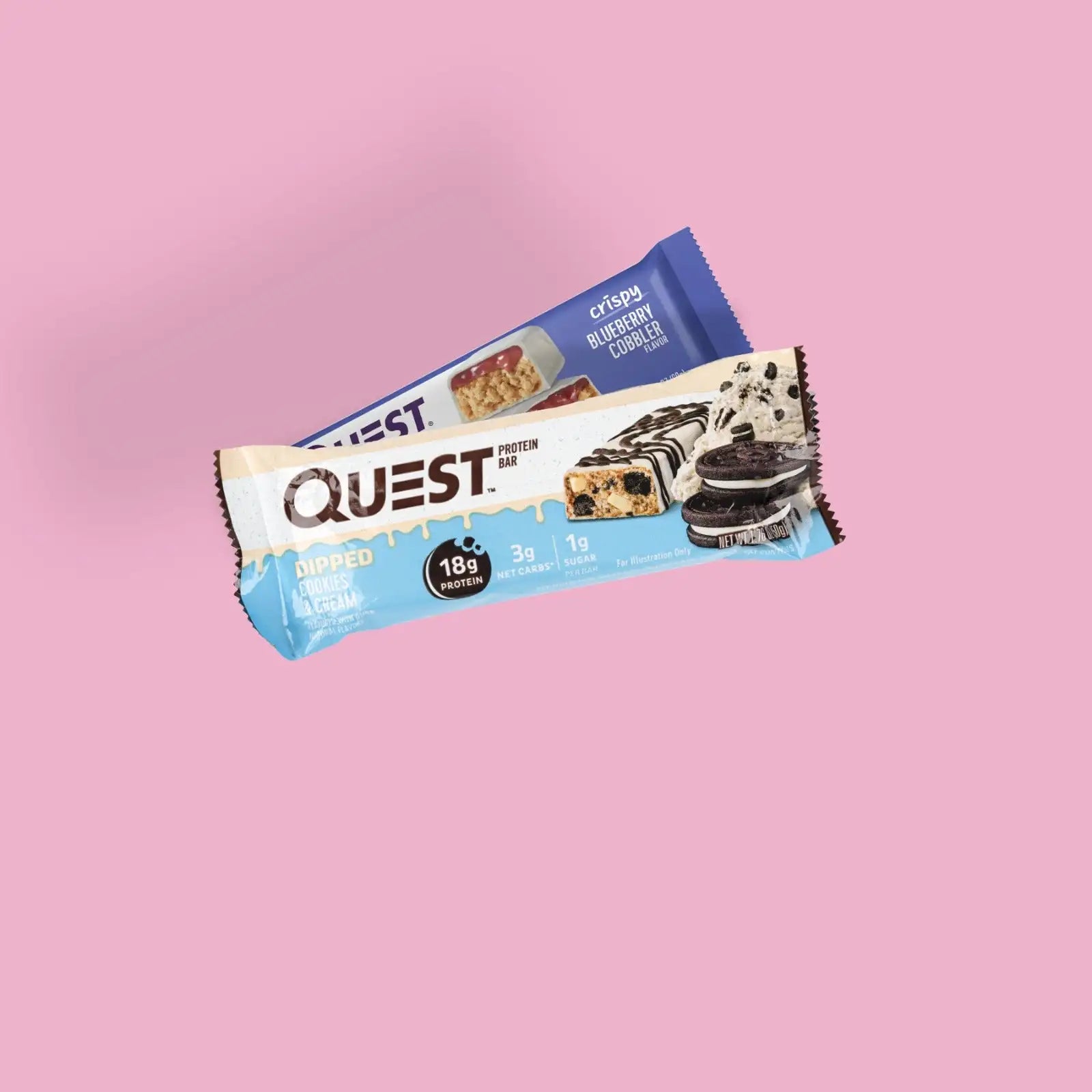 A blue and white wrapped quest protein bar with a creamy cookie dough flavor.