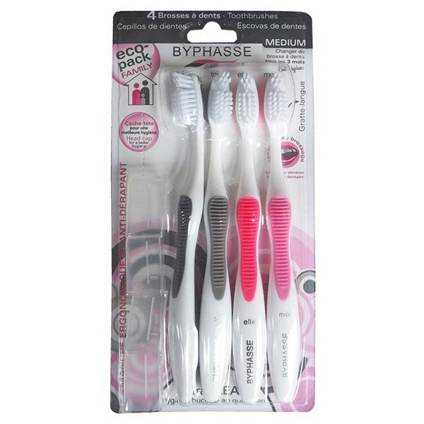 BYPHASSE TOOTH BRUSHES MEDIUM PINK 4PIC 2475